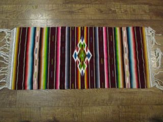 Vtg Mexican Saltillo Serape Wool Wall Hanging/table Runner,  46x17 " Fringe