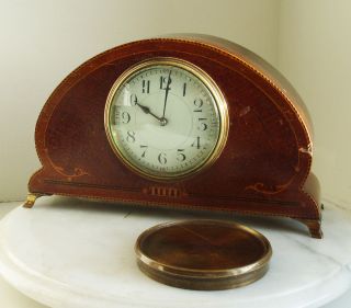 An Edwardian Mahogany Inlaid Mantel Clock Brass Feet