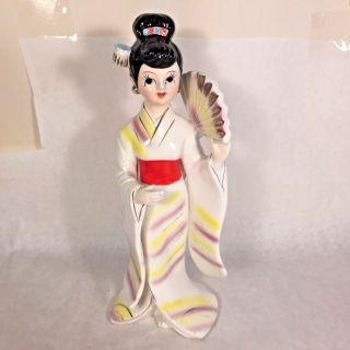 Vtg Mcm Japanese Geisha Girl Figurine W Fan Kimono Handpainted Ceramic Japan 11 "
