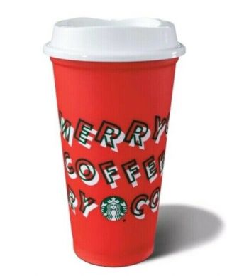 Starbucks Reusable 16 Oz Grande Red Holiday Cup White Lid 2019 Merry Coffee