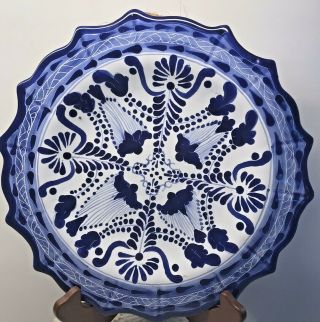 Vintage Talavera Mexican Pottery 10.  5 " Plate Blue & White Signed Hanger