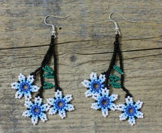Huichol Flower Earrings Long Beaded Handmade Mexican Folk Art Boheimian Hippie