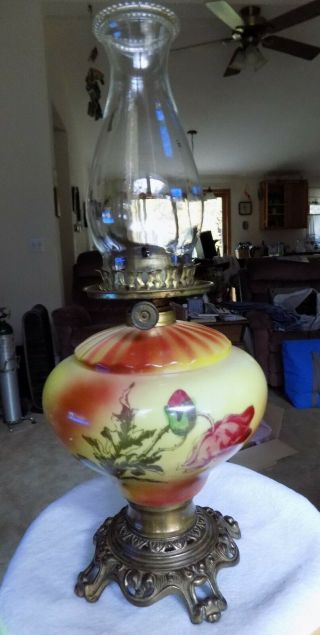 Antique Phoenix Glass Co.  Painted Oil Lamp Floral Early Stamp 12