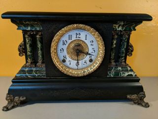 Vintage Antique E.  Ingraham Green Marble Pillar Footed Black Mantle Clock