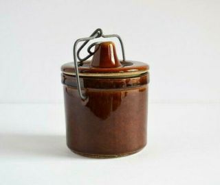 Vintage Brown Stoneware Cheese / Butter Crock With Wire Bale Clamp Style Lid