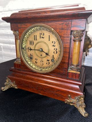 Seth Thomas Antique Mantle Clock In Oak Case Lions Heads
