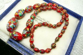 Vintage Art Deco Venetian Murano Glass End Of Day Red Glass Bead Necklace Lovely