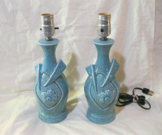 Pair Vintage Mid Century Modern Ceramic Lamps Aqua Blue & Gold Speckles