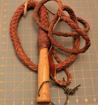 Vintage Leather Bull Whip Wood Handle