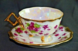 Royal Halsey 3 Footed Iridescent Floral Tea Cup & Saucer
