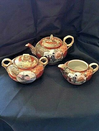 Vintage Hand Painted Japanese Tea Pot,  Creamer & Sugar Bowl Set Geisha & Mountai