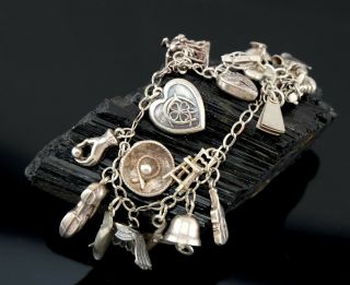Vtg Sterling Silver Loaded Puffy Heart Antique Charm Bracelet