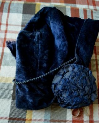 Antique Indigo Silk Velvet Hat For Large French Or German Doll Silk Rosettes