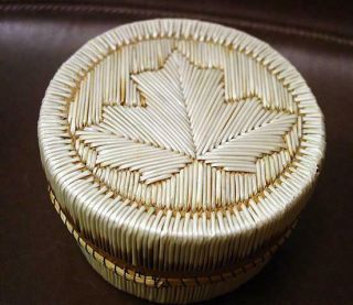 Vtg Native American Porcupine Quill & Birch Bark Trinket Basket W/ Maple Leaf