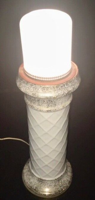 Vtg Porcelain Lattice Column Lighthouse Lamp With Brass Accents Milk Glass Shade