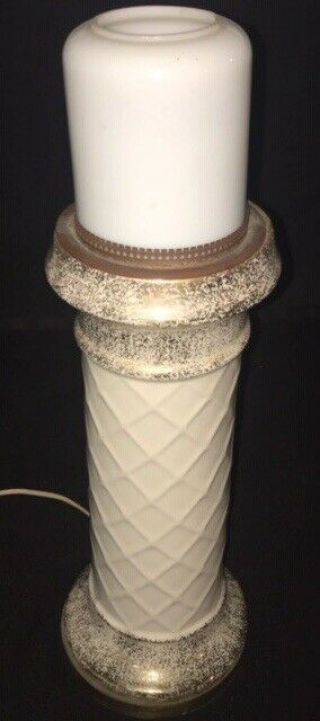 VTG PORCELAIN LATTICE COLUMN LIGHTHOUSE LAMP with BRASS ACCENTS MILK GLASS SHADE 2