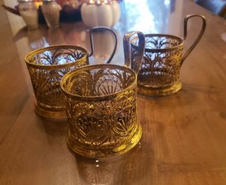 Antique Vintage Russian Ussr 3 Cup Glass Tea Holders Filigree Silverplate