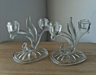 Clear Glass Art Deco Lead Crystal Double Candlestick Holders 6 1/2 " Tall