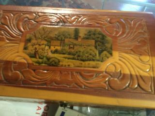 Vintage Ornate Carved Cedar Wood Jewelry Box With Mirror & Cottage Scene On Lid