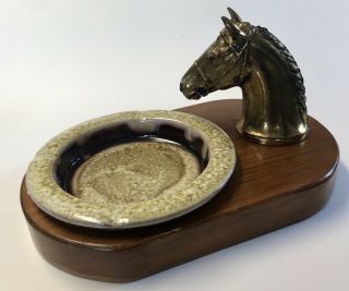 Vintage Brass Horse Head & Removable Ashtray Trinket Dish Wood Base Equine Farm