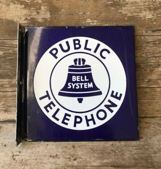 Vintage Bell Public Telephone Porcelain Sign Double Sided Flange 11 "