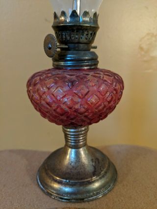 Vintage Mini Small Oil Lamp - Metal Base Red Diamond Font Glass Chimney