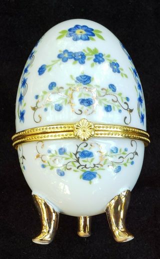 Vintage Porcelain Egg Shaped Floral Jewelry Trinket Box W/hinged Lid,  3 Footed