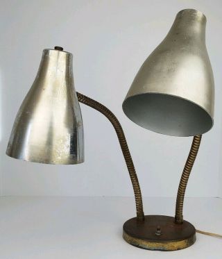 Vtg Mid Century Modern Double Gooseneck Atomic Bullet Cone Desk Lamp Distressed