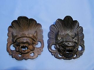 Pair Bali Intricate Hand Carved Wood Demon Face Masks Wall Hanging