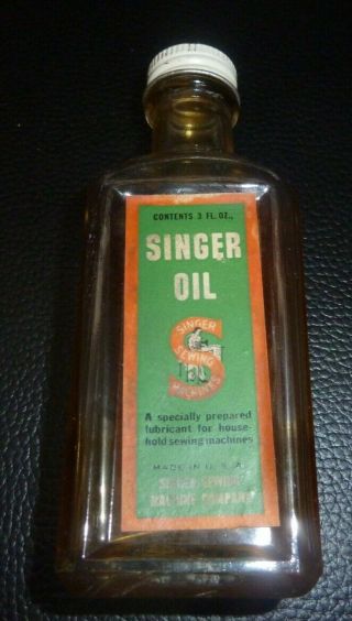 1920 - S Vintage Singer Sewing Machine Oil 1/3 Full Glass Bottle Usa