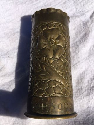 Ww1 Trench Art Brass Shell Casing Pdps 37mm Hand Hammered With Flower Soissons