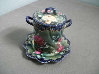 Vintage Condensed Milk Jar W/ Plate & Lid - Floral - Cobalt Blue Porcelain - Sb
