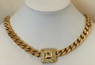 Vintage Signed Christian Dior Crystal Rhinestone Chunky Gold Tone Chain Necklace