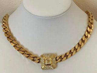 Vintage Signed Christian Dior Crystal Rhinestone Chunky Gold Tone Chain Necklace 2