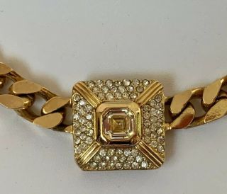 Vintage Signed Christian Dior Crystal Rhinestone Chunky Gold Tone Chain Necklace 3