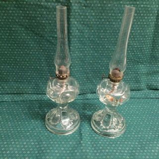 Pair Vintage Bullseye Glass Mini Oil Lamps Brass Acorn Burner & Chimneys