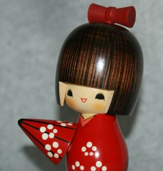 5 1/4 " Japanese Pretty Kokeshi Doll Red Kimono Umbrella/ Signed Akitsune