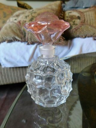 Vintage Antique Clear And Pink Glass Perfume Bottle W/ Pink Flower Stopper 4 "