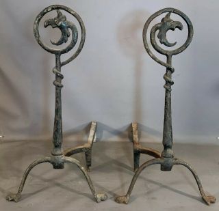 19thc Antique Gothic Victorian Old Cast Iron Griffin Dragon Fireplace Andirons