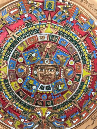 Vintage Hand Crafted Mayan Aztec Calendar Wall Hanging Plate Folk Art Pottery