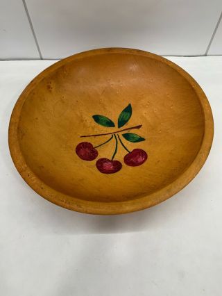 Munising Birds Eye Maple Hand Painted Wood Bowl Cherry Design 8” Vintage