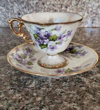 Vintage Ucagco Japan Footed Tea Cup And Saucer February Violet Iridescent Set