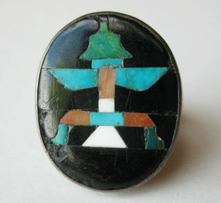 Vintage Zuni Indian Sterling Silver Onyx Turquoise Inlay Knifewing Ring 8