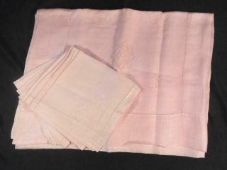 Pretty Vintage Pink Rice Linen Tablecloth W/8 Napkins,  Hnd Embroidery & Draw Work