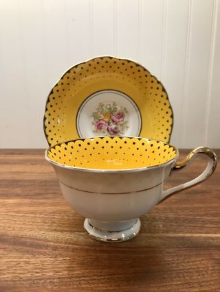 ROYAL ALBERT Teacup & Saucer 1930 AVON Shape Yellow Black Dots Floral Tea Cup 2