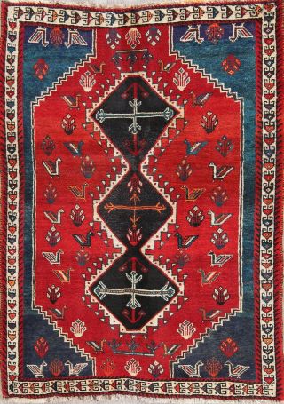 One - Of - Kind Vintage Tribal Geometric Abadeh Oriental Red/teal Blue 4x5 Wool Rug