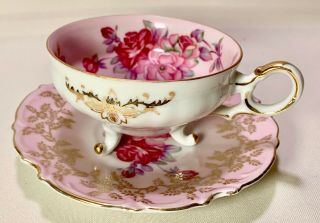 Vintage Fine Bone China 3 Footed Cup & Saucer Flowers Pink & Gold