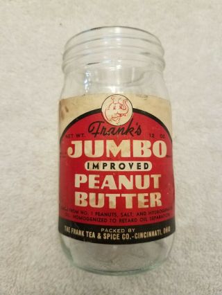 Vintage Franks Jumbo Brand Peanut Butter Jar With Paper Label Vgc