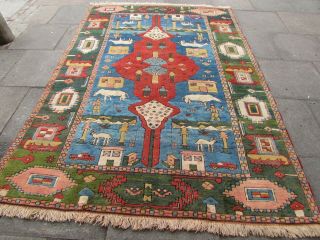Vintage Traditional Hand Made Turkish Oriental Wool Red Blue Carpet 288x198cm