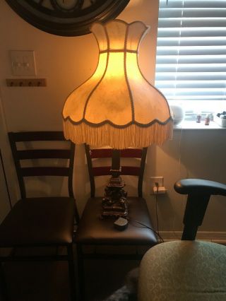 Large 3ft Vintage Victorian Style Table Lamp With Cherubs And Fringed Bell Shade